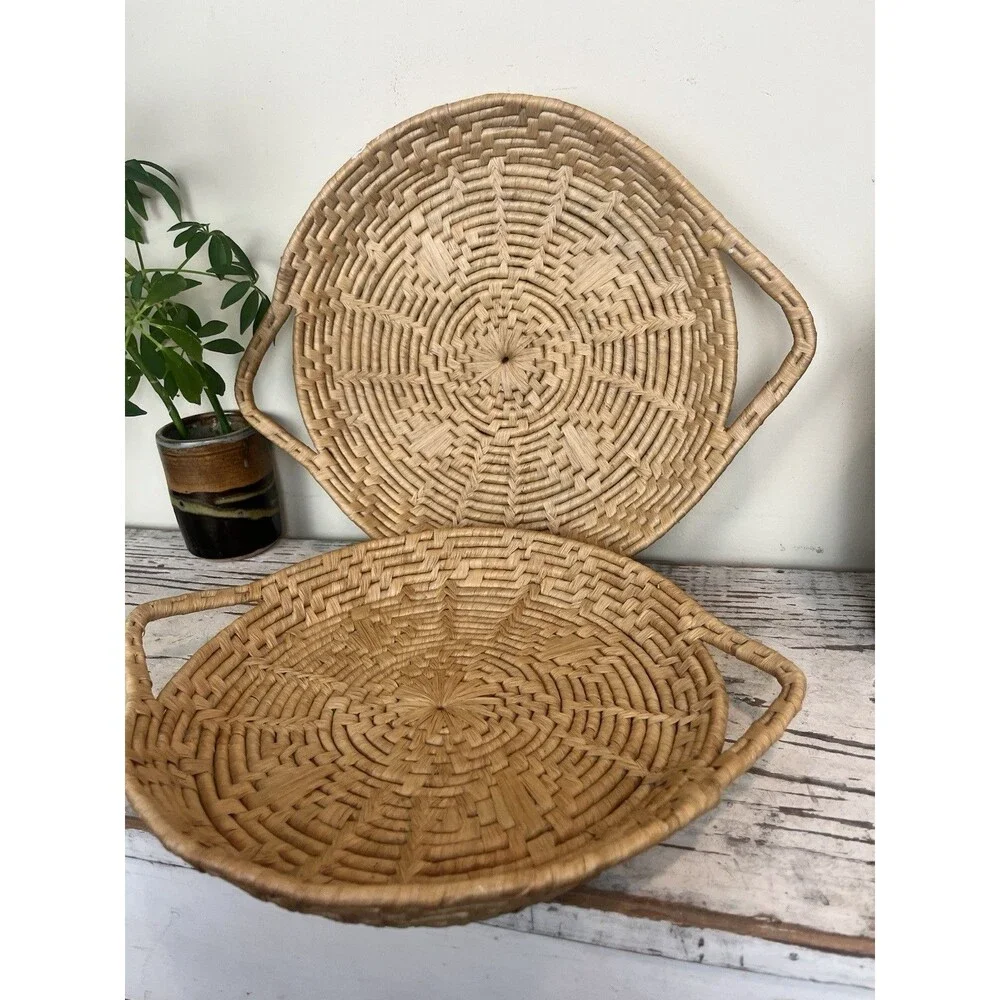 Vintage Woven Wicker Nesting Baskets Sunburst Pattern W/ Handles 14” x 11” Boho